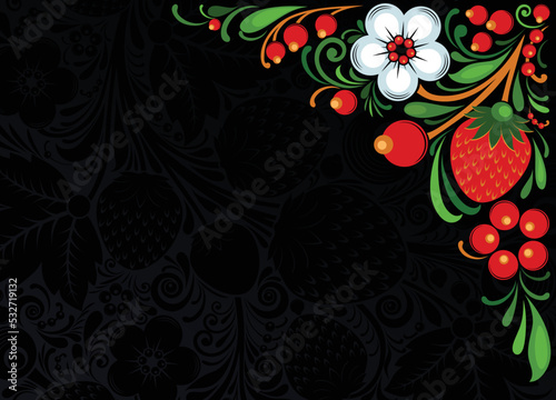 Decorative background with a bright ornamented corner with summer motifs, flowers and berries in the style of Russian Khokhloma painting. Vector illustration