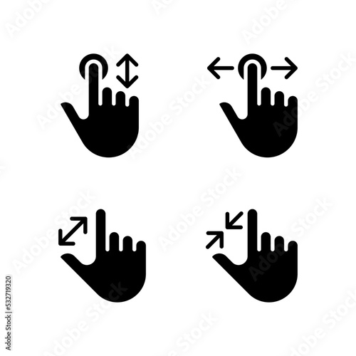 Scrolling and zooming gestures black glyph icons set on white space. Touchscreen control. Electronic device navigation. Silhouette symbols. Solid pictogram pack. Vector isolated illustration