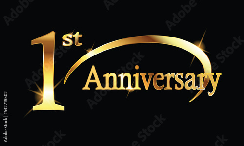 1st Anniversary celebration. Gold Luxury Banner of 1st Anniversary celebration. First celebration card. Vector anniversary