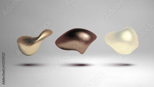 Metallic fluid shape. 3d liquid bubbles set.