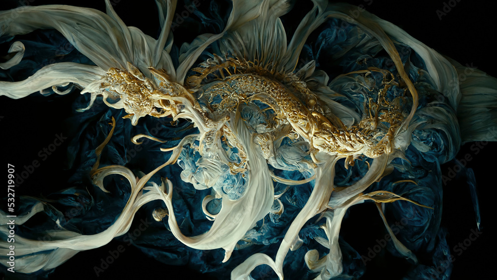 Japanese, dragon with watermarks in gold and cobalt blue color, decorative image for poster or creative background, fantasy Japanese, dragon with watermarks in gold and cobalt blue color, decorative image for poster or creative background, fantasy