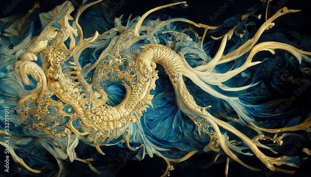 Japanese, dragon with watermarks in gold and cobalt blue color, decorative image for poster or creative background, fantasy Japanese, dragon with watermarks in gold and cobalt blue color, decorative image for poster or creative background, fantasy