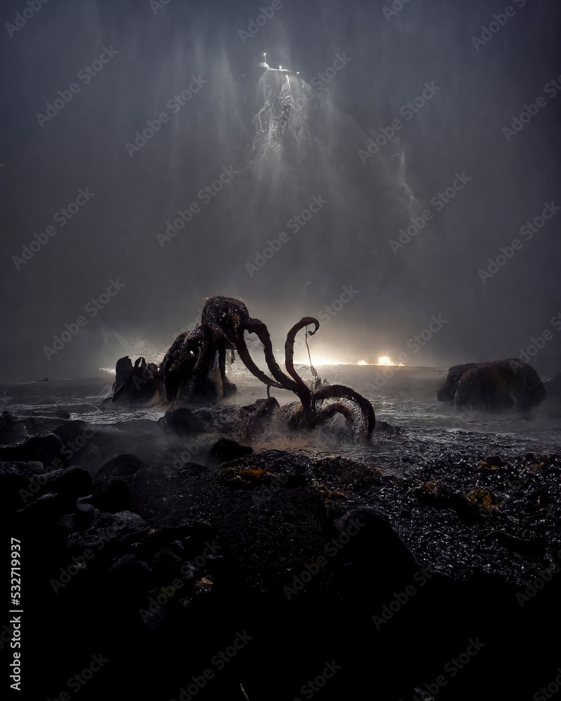 Naklejka premium sea ​​shore with giant octopus, fantasy image, nightmare, sunset beach with sea monster
