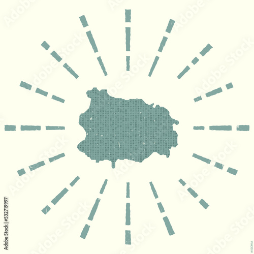 Ischia Logo. Grunge sunburst poster with map of the island. Shape of Ischia filled with hex digits with sunburst rays around. Radiant vector illustration.
