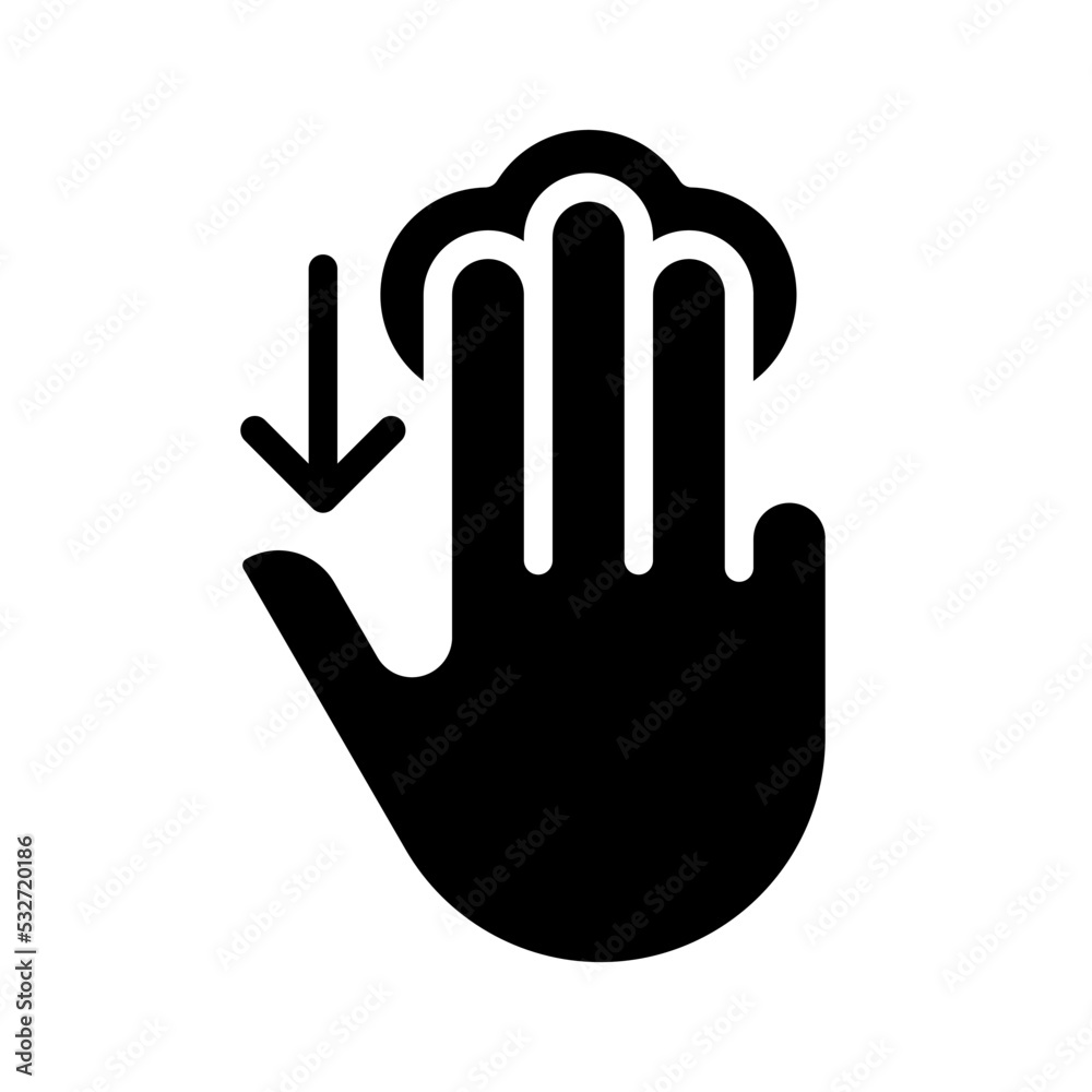 Obraz premium Three finger touch downwards black glyph icon. Swipe down. Electronic device control. Touchscreen navigation. Silhouette symbol on white space. Solid pictogram. Vector isolated illustration