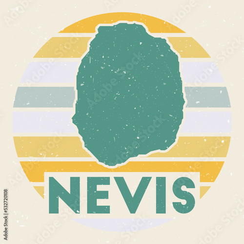 Nevis logo. Sign with the map of the island and colored stripes, vector illustration. Can be used as insignia, logotype, label, sticker, or badge of Nevis.
