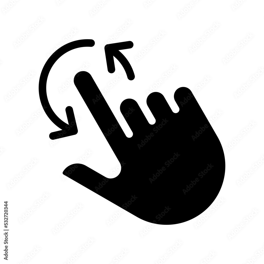Obraz premium Rotation black glyph icon. Tap to spin picture. Update and reload. Touchscreen control. Smartphone navigation. Silhouette symbol on white space. Solid pictogram. Vector isolated illustration