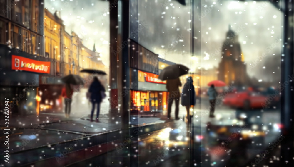  first snow fall  rainy city ,pedestrian walk with umbrellas  evening blurred light rain drops on window glass view from window frame on town