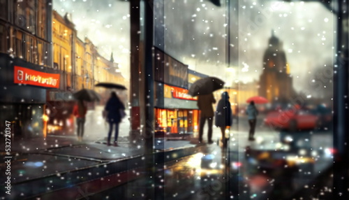  first snow fall rainy city ,pedestrian walk with umbrellas evening blurred light rain drops on window glass view from window frame on town