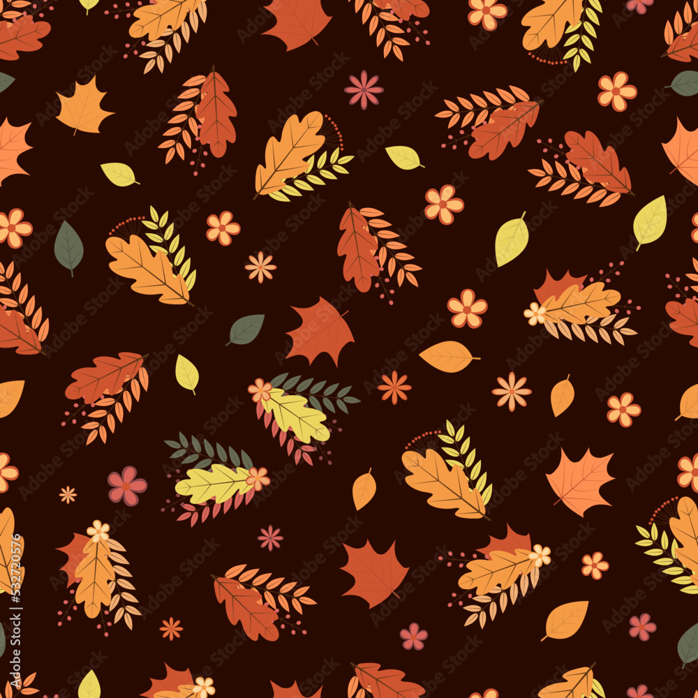 Fall seamless pattern. Colorful leaves, flowers, and berries. Autumn vector background. Perfect for fabric, scrapbooking, wrapping paper,