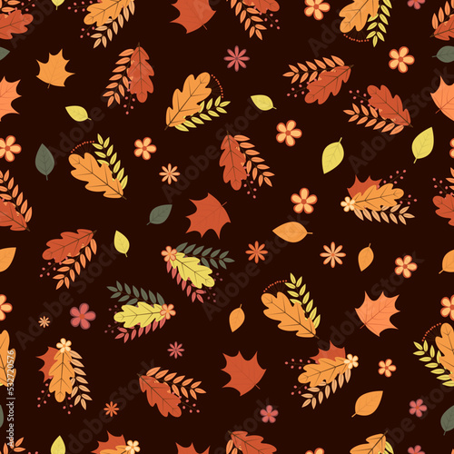 Fall seamless pattern. Colorful leaves  flowers  and berries. Autumn vector background. Perfect for fabric  scrapbooking  wrapping paper 