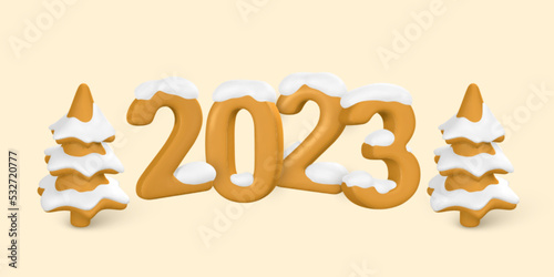 2023 Happy New Year. Plastic number 2023 and 3d Christmas tree in cartoon style. Vector illustration