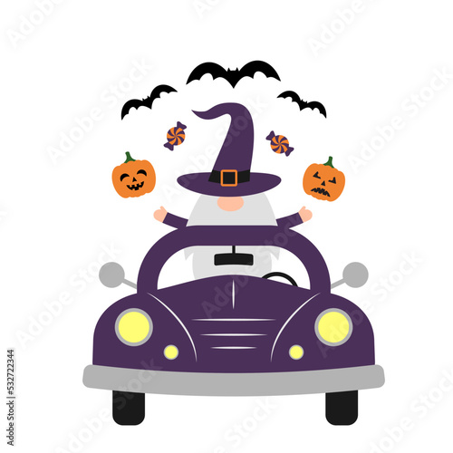 Halloween retro car with cute gnome. Vector template for typography poster, banner, flyer, postcard, logo design, etc