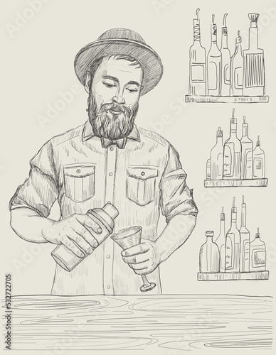 Barman mixing cocktail, bottles on a backdrop, sketch