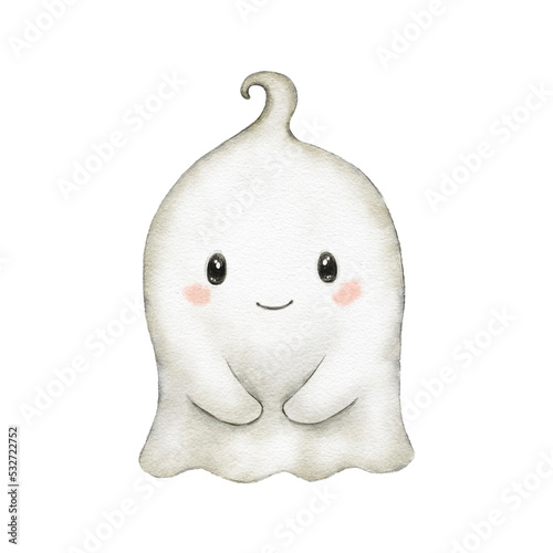 Cute Halloween baby ghost illustration. Watercolor art isolated on white background. Kids spooky character. Happy holiday poster, greeting card, party invitation element template photo