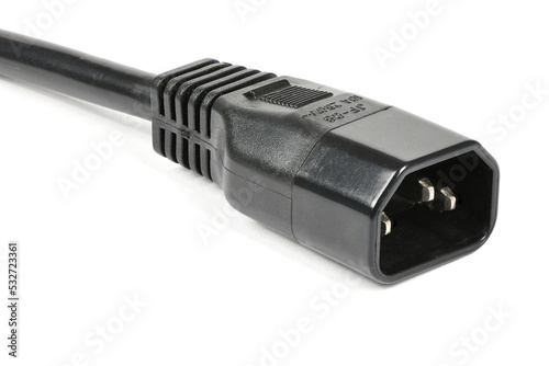 Black C14 male rubber connector power plug, isolated on white.