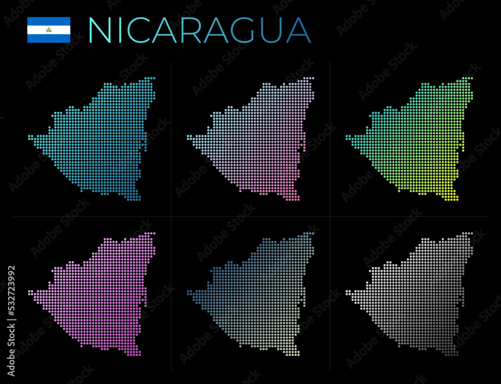 Fototapeta premium Nicaragua dotted map set. Map of Nicaragua in dotted style. Borders of the country filled with beautiful smooth gradient circles. Beautiful vector illustration.