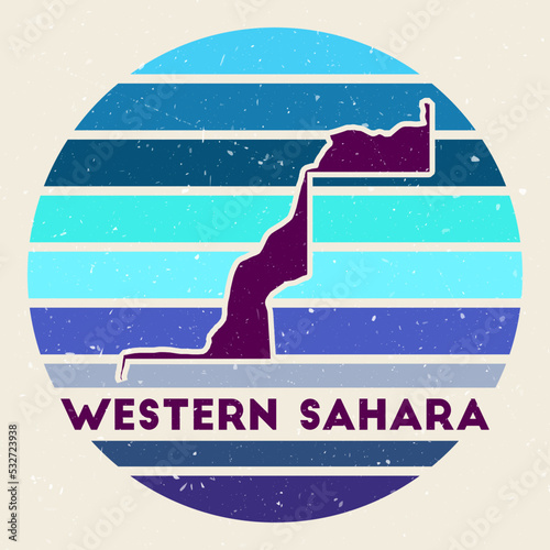 Western Sahara logo. Sign with the map of the country and colored stripes, vector illustration. Can be used as insignia, logotype, label, sticker, or badge of Western Sahara.