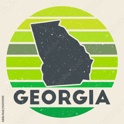Georgia logo. Sign with the map of US state and colored stripes, vector illustration. Can be used as insignia, logotype, label, sticker or badge of the Georgia.