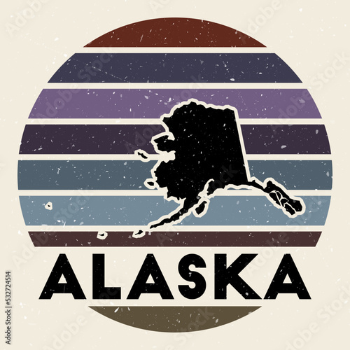 Alaska logo. Sign with the map of us state and colored stripes  vector illustration. Can be used as insignia  logotype  label  sticker or badge of the Alaska.