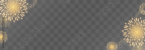 Festive fireworks with brightly shining sparks. New Year's Eve fireworks. Realistic sparks and explosions. Colorful pyrotechnics show. Vector isolated on png background.