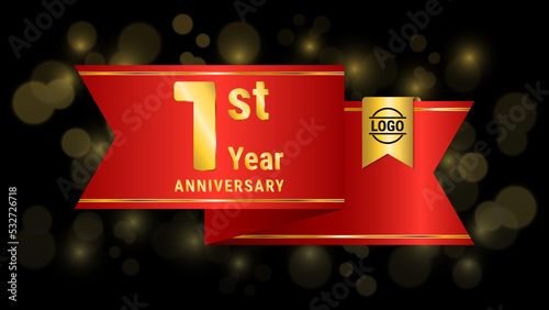 1st golden anniversary template design with red ribbon, logo vector illustration