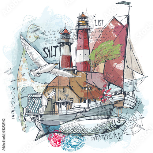Handgezeichnete Illustration, Collage von der Insel Sylt photo