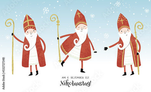 Lovely drawn Nikolaus character, , text in german saying "6th of December is Nikolaus Day" - great for invitations, banners, wallpapers, cards - vector design