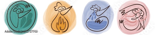 Illustration organique des quatre éléments: le feu, l’air, l’eau et la terre. Des personnages poules et des couleurs différentes sont utilisées pour chaque symbole, destiné à un jeune public.  photo