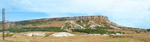 Panorama of the white rock on the plain under the blue sky