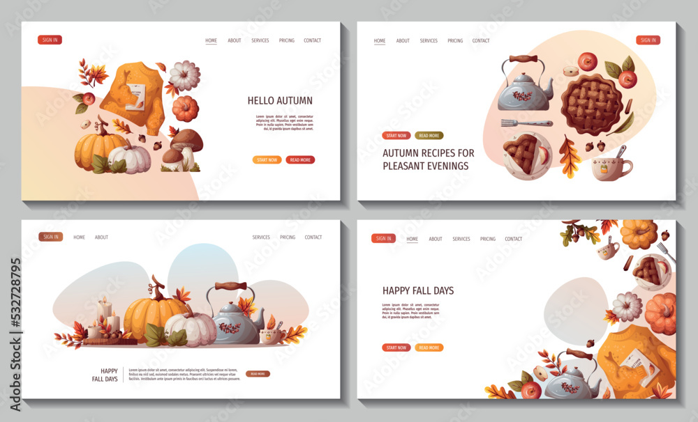 Set of web pages with Pumpkins, apple pie, candles, kettle, autumn leaves, warm sweater. Autumn, harvest, thanksgiving day, fall concept. Vector illustration. Website banner template.