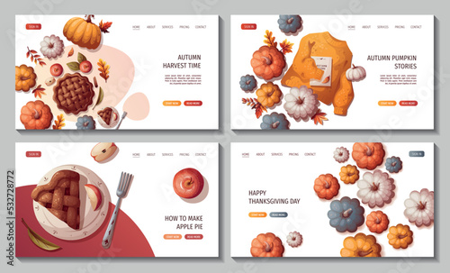 Set of web pages with Pumpkins, apple pie, autumn leaves, warm sweater. Autumn, harvest, thanksgiving day, fall concept. Vector illustration. Website banner template.