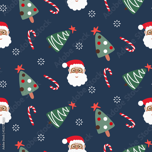 Christmas wrap paper design with trees and Santa Claus. Xmas gift wrapping background with snow and gifts.