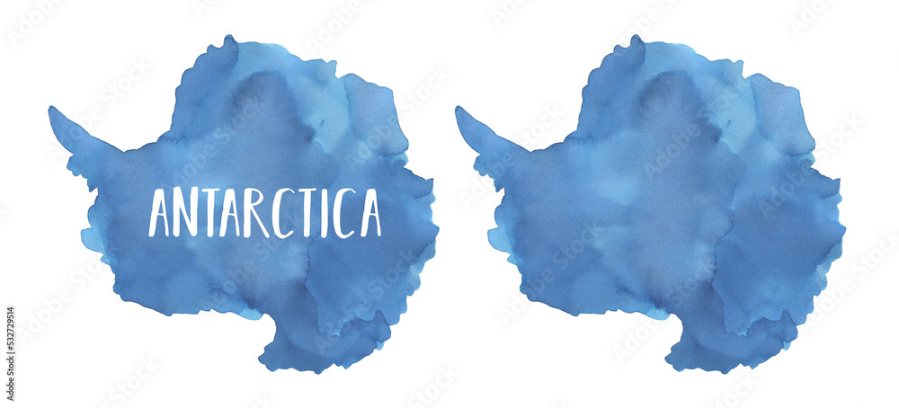Watercolour illustration set of Antarctica Continent Map in blue color