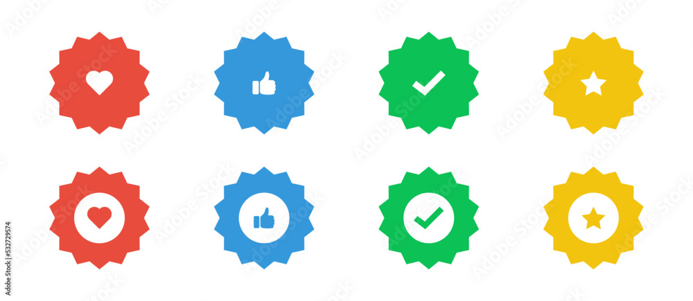 Like favorite tested and quality icon set. Heart star tick thumb up round sign. Colored flat circle symbols.