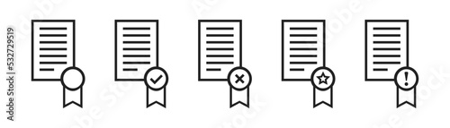 Certificate document icon set. Vector isolated illustration. Grand diplom symbol collection. Diploma icons.