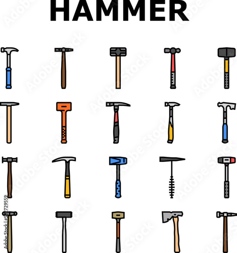 hammer tool construction icons set vector. carpentry wood, equipment work, metal repair, mallet carpenter court, hand steel hammer tool construction color line illustrations
