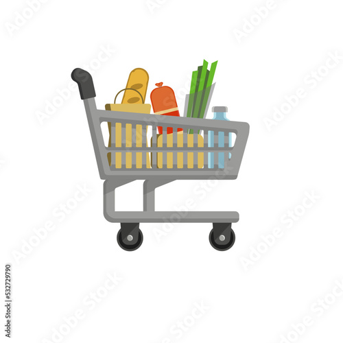 Metal grey cart for shopping with products, food isolated on white background. Market concept. Vector illustration