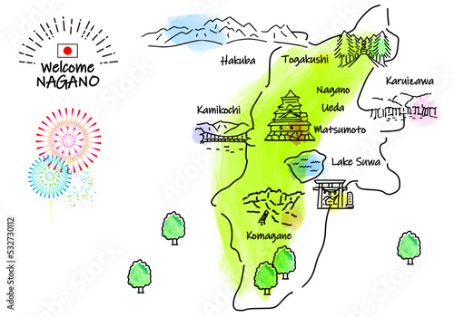 長野県の観光地のシンプル線画イラストマップ 