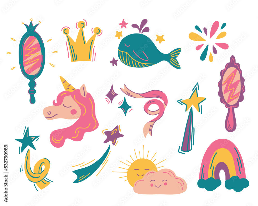 Cartoon fairy tale set. Magical objects and creatures collection. Hand ...