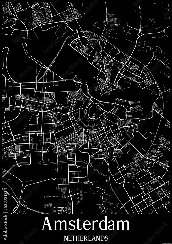 Black and White city map poster of Amsterdam Netherlands.