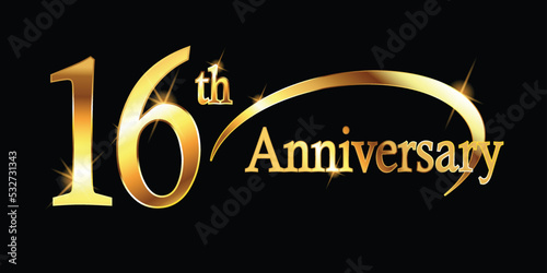 16th Anniversary celebration. Gold Luxury Banner of 16th Anniversary celebration. sixteenth celebration card. Vector anniversary photo