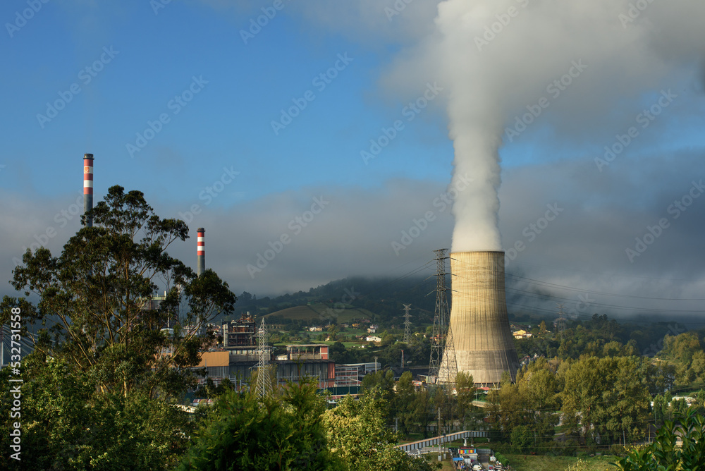 thermal power plant emitting large amounts of steam and fumes into the sky. Ecology and Environment. Industry and sustainability