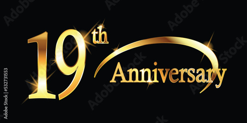 19th Anniversary celebration. Gold Luxury Banner of 19th Anniversary celebration. nineteenth celebration card. Vector anniversary