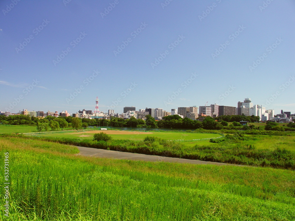 初秋の江戸川土手から臨む河川敷と松戸市街地風景 初秋の江戸川土手から臨む河川敷と松戸市街地風景
