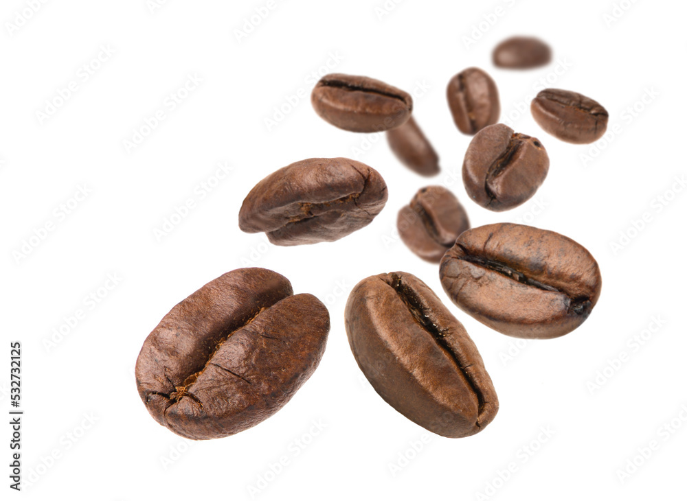 Naklejka premium Roasted Coffee beans levitate isolated on a white background.