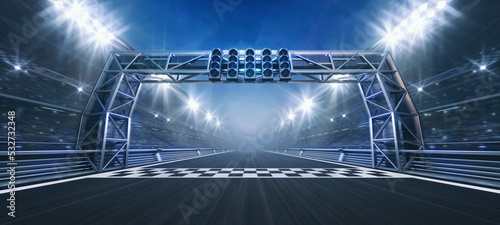 Racing track and checked finish line with steel gate and floodlights illuminated sport stadium at night. Professional digital 3d illustration of racing sports.