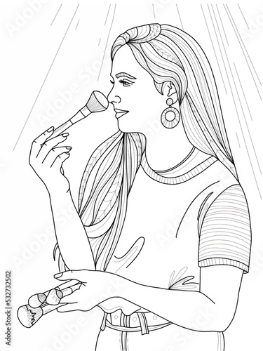 young girl with long hair with brushes doing her own make-up illustration in doodle style, fashionable princess coloring book, coloring page for kids and adults