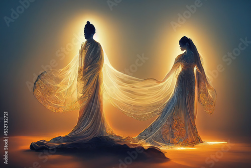 God of sound waves yoga mediation standing next to his beautiful bride the goddess of light waves  full body in romantic pose.   . generative ai 