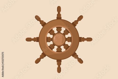 Wooden steering wheel ship. Old wooden ship's rudder for steering on the sea. Shipment and logistic concept. Colored flat vector illustration. 